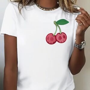 Women’s White Cherry Graphic Tee - Cute Short Sleeve Top